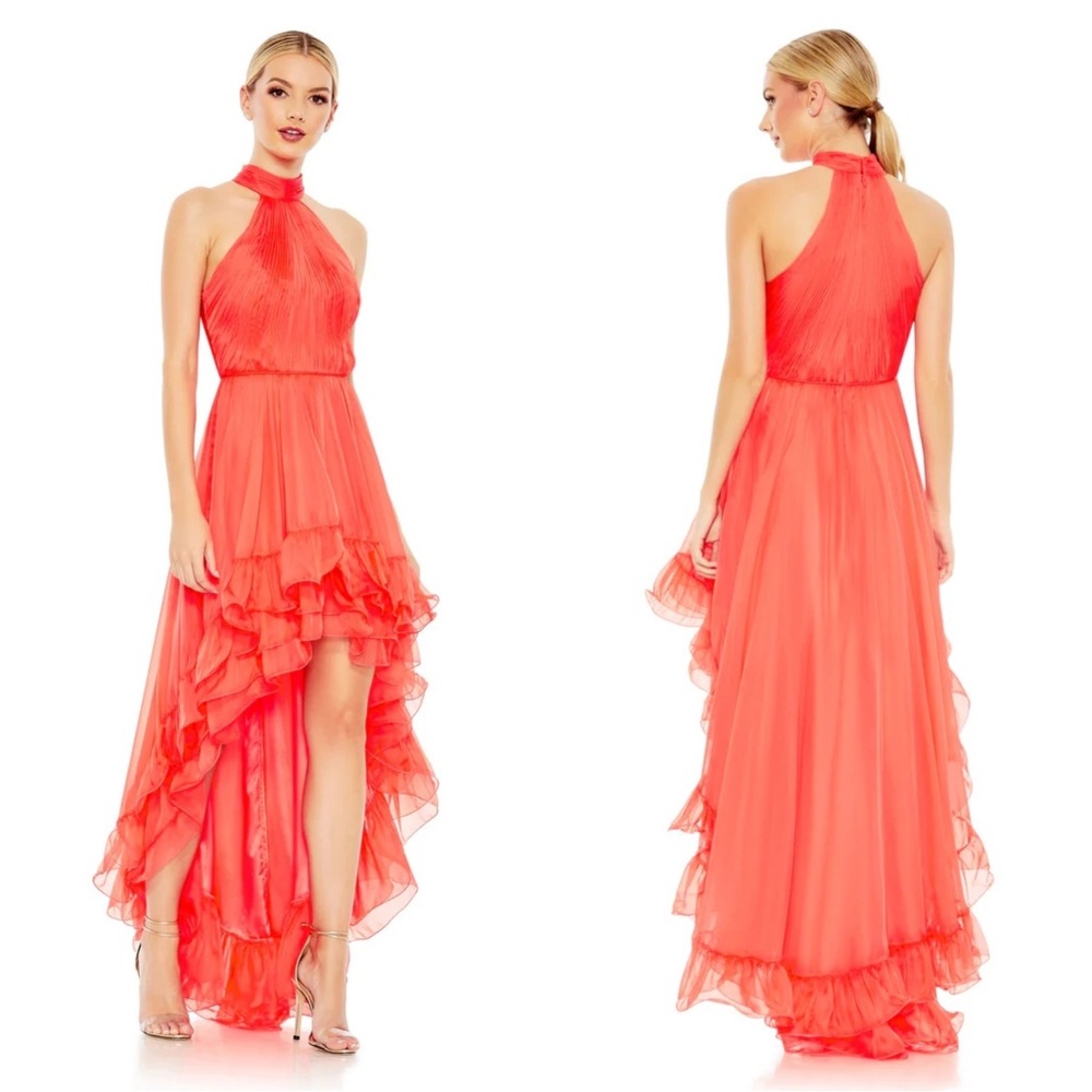 Mac Duggal 55807 Ruffle Tiered High Low Pleated Halter Neck Gown Size 10 NWT